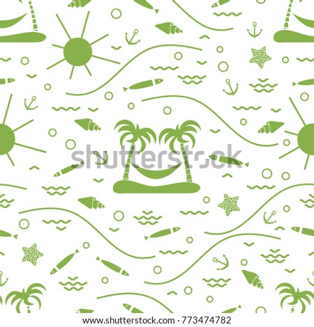 Cute seamless pattern with fish, island with palm trees and a hammock, anchor, sun, waves, seashells, starfish. Design for banner, poster or print.