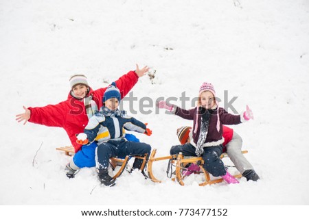 Happy playful kid sledding in snow