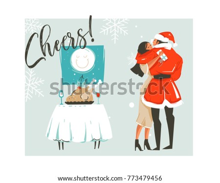 Hand drawn vector abstract Merry Christmas time cartoon retro vintage illustrations card with romantic couple who kissing and hugging,xmas dinner and Cheers text isolated on white background.