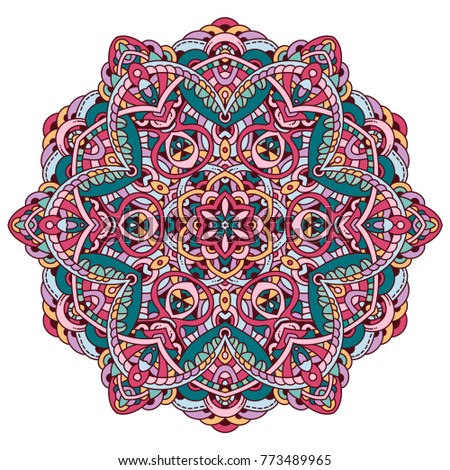 Vector hand drawn doodle mandala with tracery. Ethnic mandala with colorful ornament. Isolated on white background. Doodle illustration.