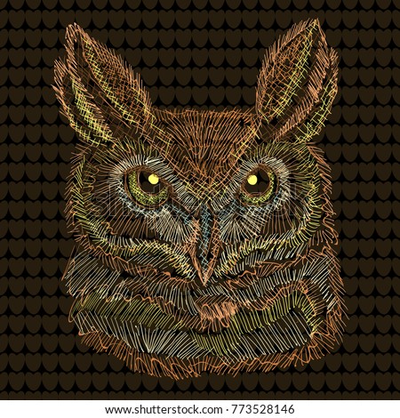 Embroidery style vector illustration of the wild owl.