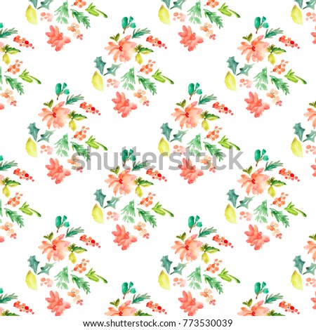 Cute Watercolor Christmas Background with Poinsettia Flowers, Berries, and Holly Leaves