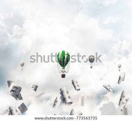Colorful aerostats flying among paper documents and over the blue cloudy sky. 3D rendering.