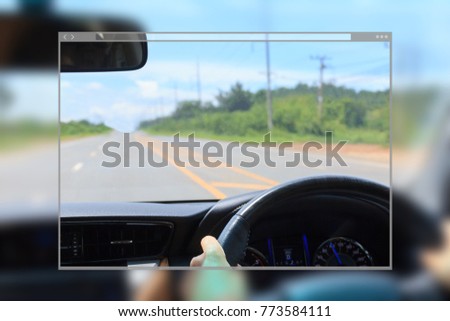 Web site page design concept, view inside a car on road background.