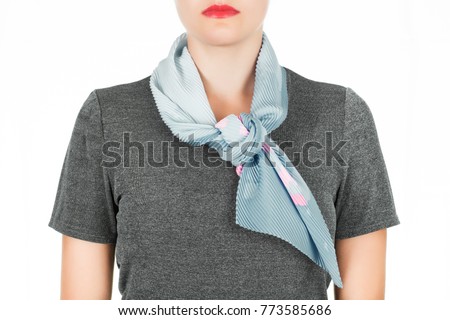 Silk scarf. Blue silk scarf around her neck isolated on white background. Female accessory. Royalty-Free Stock Photo #773585686