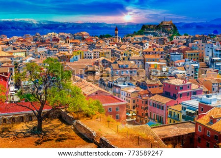 Panoramic view of Kerkyra, capital of  Corfu island, Greece. Royalty-Free Stock Photo #773589247