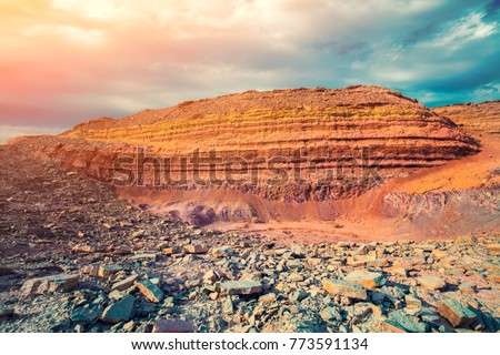 Mountain landscape, desert. Makhtesh Ramon Crater in Negev desert, Israel Royalty-Free Stock Photo #773591134