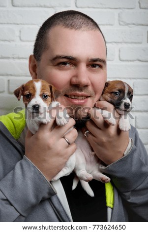 Male brunette with a smile hugging two puppies Jack Russell Terrier on a background of white brick