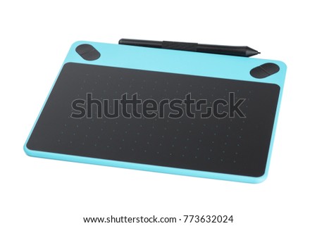 Blue graphic tablet for designer isolated on white background