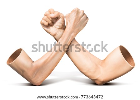 Human arm wrestling competition in concept of feeble battle with strong isolated on white background with clipping path
