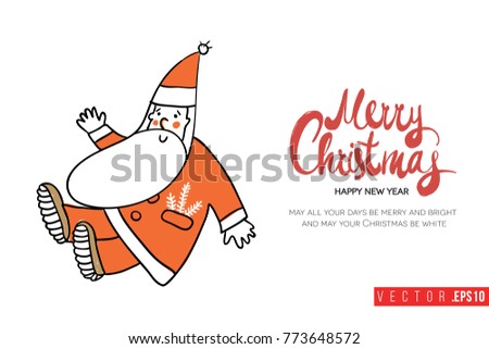Xmas greeting card with greeting Santa Claus and text: merry christmas. Cute composition for Merry Christmas and New Year celebration. Isolated vector art on white background.