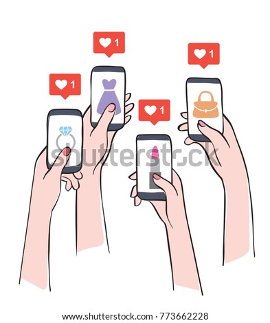 Social media marketing reaching potential customers. female hands holding smartphones with shop items on the screen.
 Royalty-Free Stock Photo #773662228