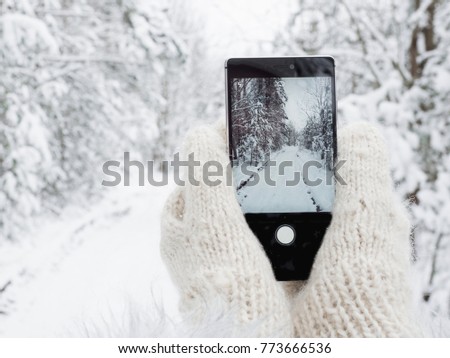 Girl is holding a mobile phone in woolen mittens in the winter against a background of trees in the snow
