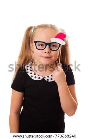A small girl with papery glasses, isolated on white background