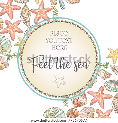 Template with sea elements. Composition with shells. Vector illustration. Happy birthday card. 