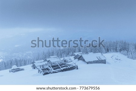 Cabin in the mountains in winter. Mysterious fog. In anticipation of holidays. Carpathians Ukraine.