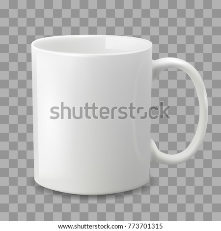 Photo realistic white cup isolated on the transparent background. Design Template for Mock Up. Vector illustration. Template ceramic clean white mug with a matte effect, without the bright glare. Royalty-Free Stock Photo #773701315
