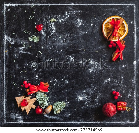 Winter plot. Set of Christmas objects with white frame on a dark background
