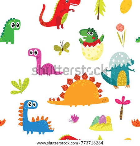 Lovely seamless pattern with funny dinosaurs in cartoon. Backgroundl for cards, invitations, party, banners,  baby shower, preschool or children textile