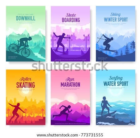 colorful covers with various sports rest day vector brochure cards set. Extreme on nature template of flyear, magazines, poster, books, banners. Active lifestyle invitation concept. Layout modern page Royalty-Free Stock Photo #773731555