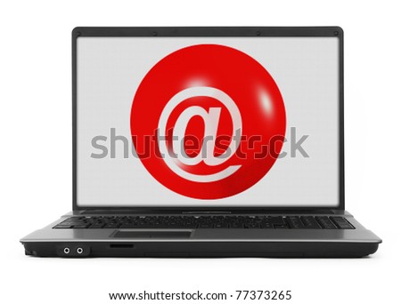 Laptop with e-mail symbol, image on the screen has a clearly visible net simulating display pixels