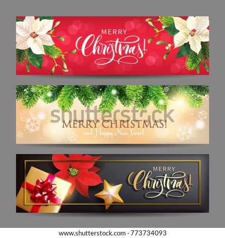 Christmas banners with poinsettia flowers, fir branches, gifts and lettering. Vector set. 