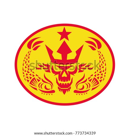 Retro style illustration of head of Neptune Skull wearing a trident crown with two Fish on side and star set inside Oval on isolated background.