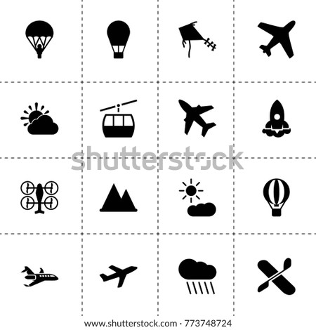 Sky icons. vector collection filled sky icons. includes symbols such as rain, mountain, drone, parachute, hot air balloon, plane, rocket. use for web, mobile and ui design.