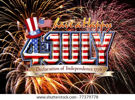 Have a Happy 4th July graphic with stars and strips on a firework background