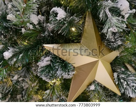 golden star ornament decor on chirstmas tree. holy night on merry christmas and happy new year.