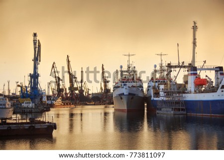 Fishing vessels and docks cranes in the port on the background of a sunset. Royalty-Free Stock Photo #773811097