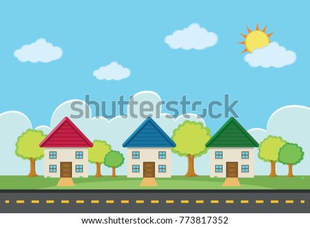 Scene with three houses along the road illustration