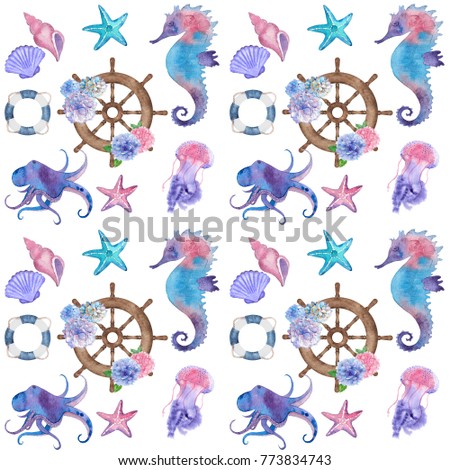 watercolor nautical pattern with seahorse, hydrangeas,octopus and seashells