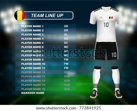 Germany soccer jersey kit with team line up board on soccer stadium and crowd fan with spot light backdrop on night time. Concept for Europe football result background in vector illustrative