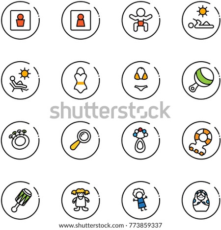 line vector icon set - male wc vector, female, baby, reading, beach, swimsuit, beanbag, teethers, doll, russian