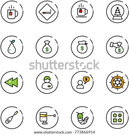 line vector icon set - tea vector, smoking area sign, snowball tree, pear, money bag, encashment, fast backward, manager, dialog, hand wheel, chisel, laser lever, toy caterpillar, cube hole