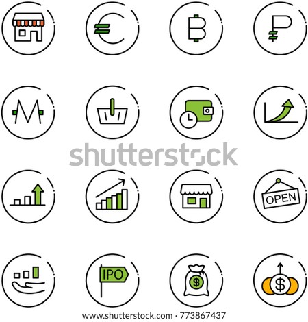 line vector icon set - duty free vector, euro, bitcoin, ruble, monero, basket, wallet time, growth arrow, store, open, ipo, money bag, dollar