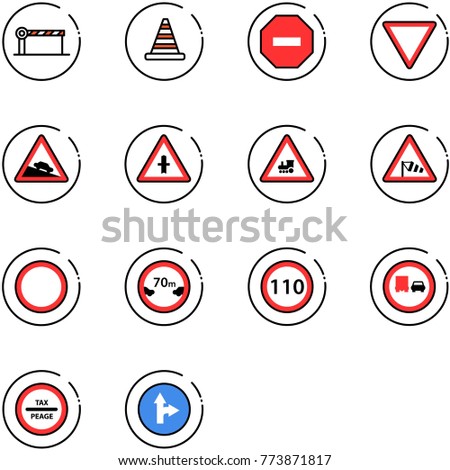 line vector icon set - barrier vector, road cone, no way sign, giving, steep descent, intersection, railway, side wind, prohibition, limited distance, speed limit 110, truck overtake, tax peage