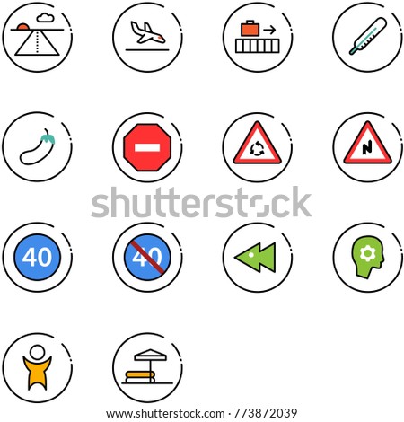 line vector icon set - runway vector, arrival, baggage, thermometer, eggplant, no way road sign, round motion, abrupt turn right, minimal speed limit, end, fast backward, brain work, success