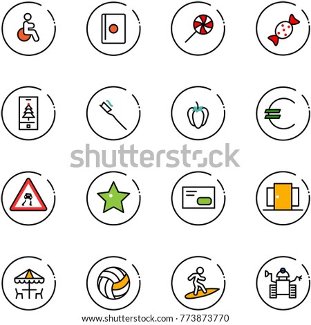 line vector icon set - disabled vector, passport, lollipop, candy, christmas mobile, tooth brush, sweet pepper, euro, slippery road sign, star, envelope, doors, outdoor cafe, volleyball, surfing