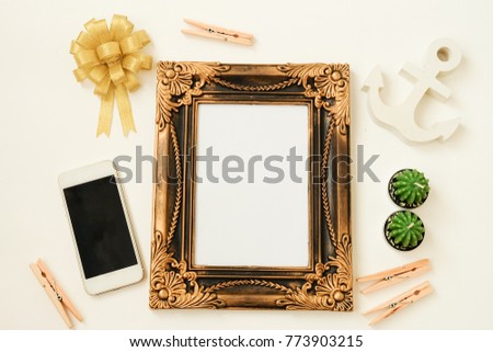 top view vintage with mock up frame photo, cactus, oat and anchor background