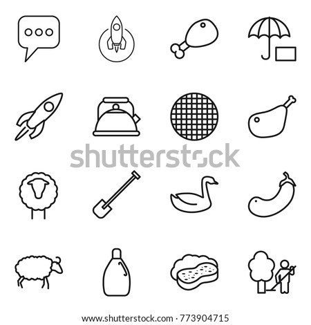 Thin line icon set : message, rocket, chicken leg, insurance, kettle, sieve, sheep, shovel, goose, eggplant, cleanser, sponge with foam, garden cleaning