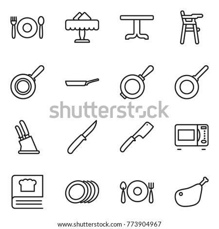 Thin line icon set : cafe, restaurant, table, Chair for babies, pan, knife holder, chef, microwave oven, cooking book, plates, fork spoon plate, chicken leg