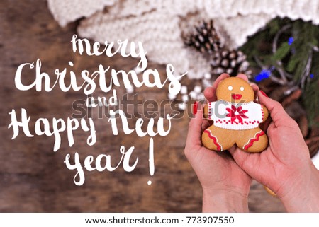 Festive Greeting Card Merry Christmas and Happy New Year, text with christmas decoration design   