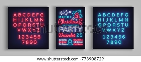 Christmas party invitation, brochure, poster. Merry Christmas, festive card in neon style. Postcard, flyer, bright sacred banner, neon advertising for your holiday projects. Editing text neon sign