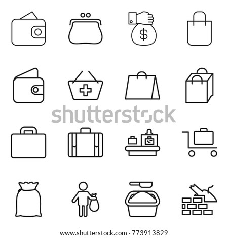 Thin line icon set : wallet, purse, money gift, shopping bag, add to basket, suitcase, baggage checking, trolley, flour, trash, washing powder, construct garbage