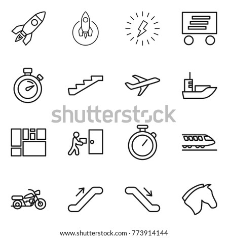 Thin line icon set : rocket, lightning, delivery, stopwatch, stairs, plane, sea shipping, consolidated cargo, courier, train, motorcycle, escalator, horse