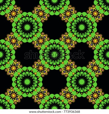 Vector colorful template for wallpaper, textile, shawl, carpet and any surface. Seamless pattern with ornamental mandalas. Black, green and orange filigree ornament.