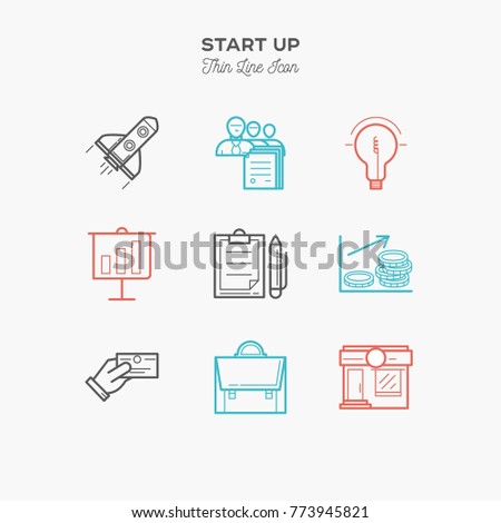 Start up, business, sucsess, marketing thin line color icons set, vector illustration