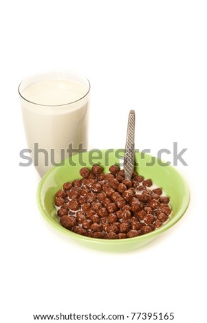 Picture of  glass of milk and plate of chocolate flocks